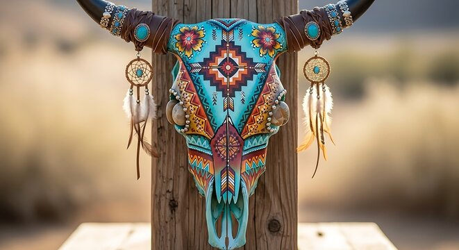 Decorated bull skull display with dream catchers and decorative elements