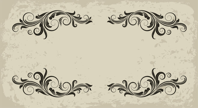 Antique parchment style background featuring four symmetrical ornate floral scrolls in the corners for classic vintage document designs.