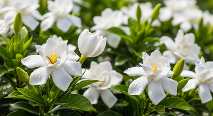 Fototapeta premium White gardenia flowers with green leaves and water droplets