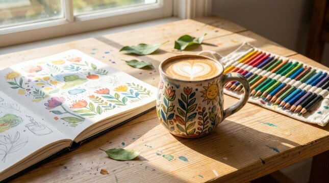Artistic scene featuring a hand-painted ceramic mug with heart latte art, an open sketchbook with floral drawings, and a roll of colored pencils on a sunny wooden desk.