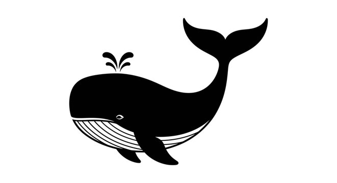 Striking black silhouette illustration of a majestic whale spouting water, symbolizing the beauty of marine life and ocean wonders in a modern, clean graphic design