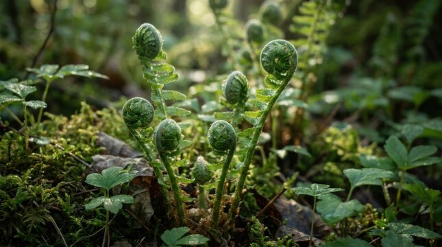 Close-up macro photograph of young green fiddlehead fern fronds unfurling from the mossy forest floor in soft morning sunlight within a shaded woodland environment during spring.