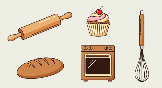Baking ingredients and equipment for homemade bread and cupcakes.