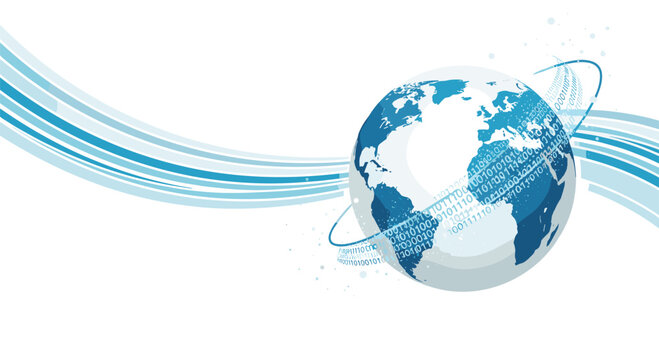 Global technology concept illustration featuring a digital globe with binary data streams and blue abstract waves on a white background.