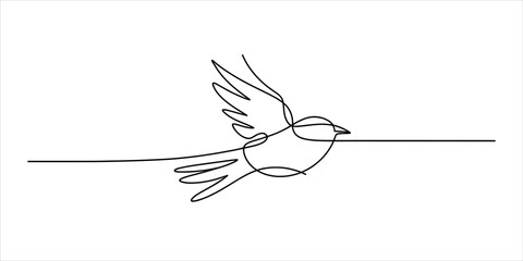 Minimalist continuous single line drawing of a small bird flying with wings spread representing freedom and nature in a simple modern black and white style design © Raj Creator