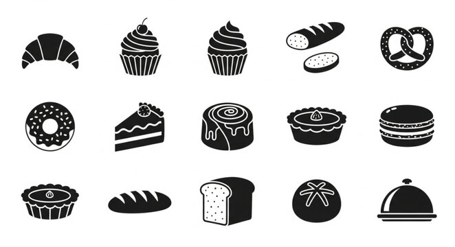 Collection of baked goods and pastries icons in silhouette style.