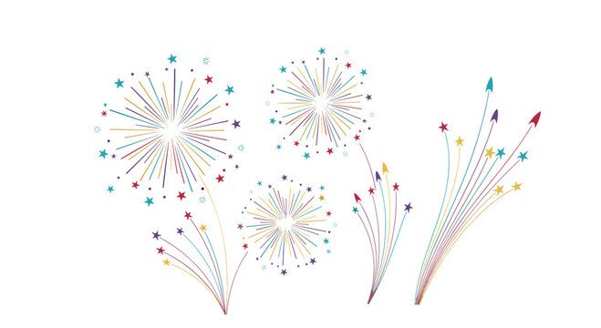 Dynamic and colorful stylized fireworks display with stars and trails blooming on a clean white background for celebration and events.