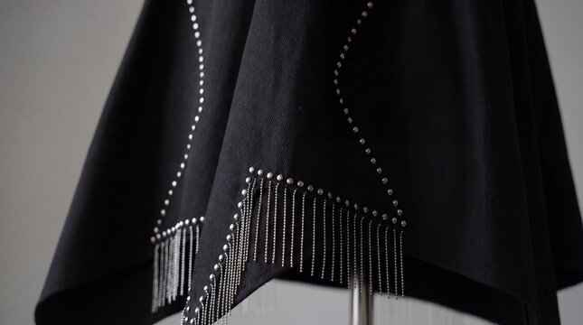 Close-up detail of a stylish black denim skirt featuring decorative silver metal studs arranged in a pattern and elegant dangling chain fringe embellishments.