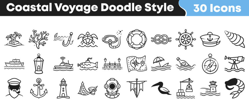 Collection of hand drawn maritime icons for coastal voyage design projects