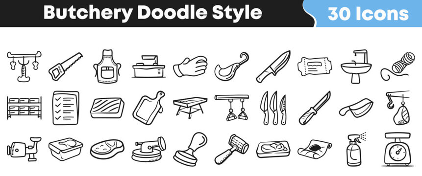 Set of hand drawn butchery icons in a doodle style