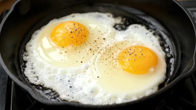 Two fresh eggs frying in a seasoned cast iron skillet with cracked black pepper during a cinematic 4k video sequence showing breakfast preparation in motion