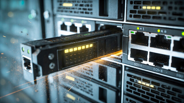 Network switch blade module being inserted into server rack panel with light effects, data center hardware illustration