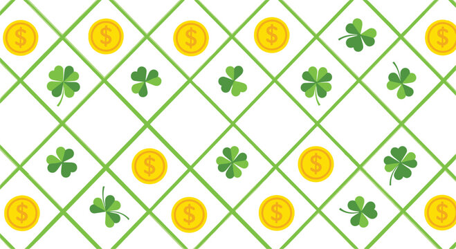 St Patricks Day pattern featuring gold dollar coins and green clovers in a crisscross grid for Irish holiday celebration themes.