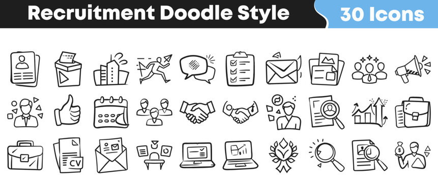 Hand drawn recruitment doodle icons set for modern business hiring processes