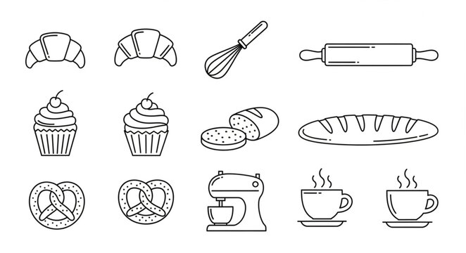 Collection of baked goods and baking tools hand-drawn illustration.