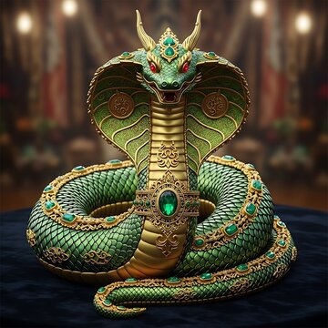 Detailed green cobra statue with ornate gold accents and jewel adornments