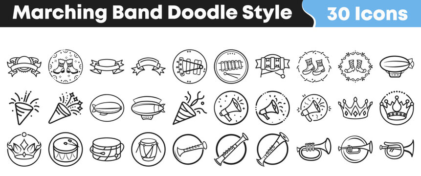 Collection of hand drawn marching band icons in doodle style