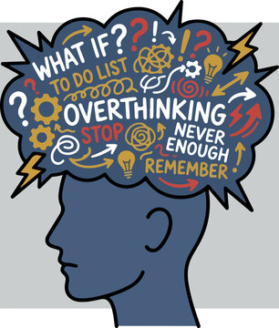 Overthinking concept illustration with human head and chaotic thoughts.