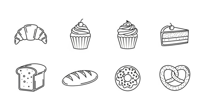 Collection of baked goods and pastries in a simple line drawing style.