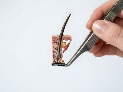 Close up of hand holding tweezers and a hair follicle model on white