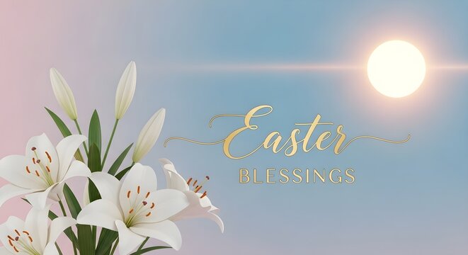 Easter blessings greeting with white lilies under a bright sun on a soft background.