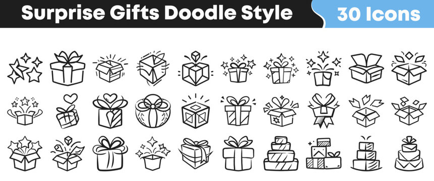 Hand drawn collection of various surprise gift box doodle icons
