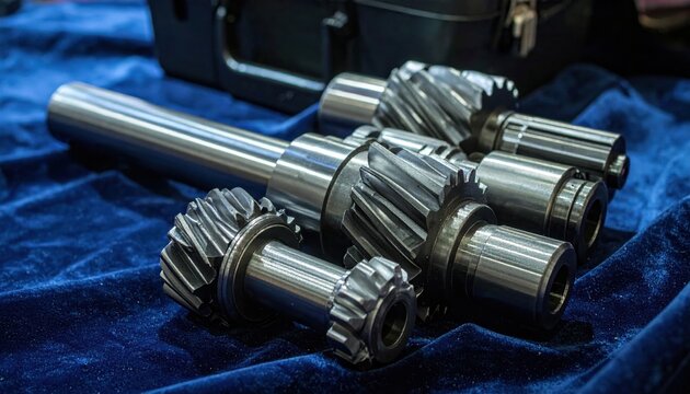 Industrial metallic steel drive shafts with precision cut helical splined gear teeth, arranged neatly upon a deep blue velvet fabric surface for engineering display and mechanical inspection.
