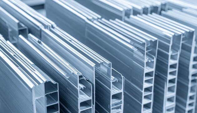 Industrial extruded aluminum cooling fins aligned in parallel rows, showcasing precision manufacturing and thermal engineering components designed for efficient heat dissipation in electronic hardware