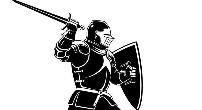 Medieval Knight Warrior with Sword and Shield, Black and White Illustration