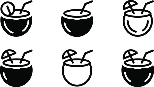 Six flat black summer sea coconut drink icon vector set
