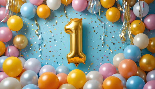 Golden number 1 balloon centerpiece surrounded by colorful balloons and confetti image photo
