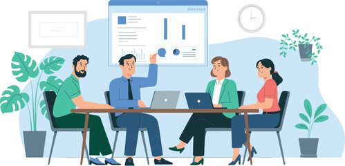 Naklejka premium Flat style business team meeting illustration with four colleagues discussing data charts on screen in modern office with plants