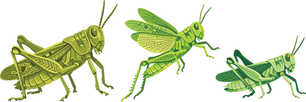 Detailed Grasshopper Insect Collection with Green Locust Variations Isolated on White Background Vector Illustration Set
