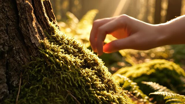 Hand touching moss on tree in forest emphasizing environmental sustainability and eco-tourism