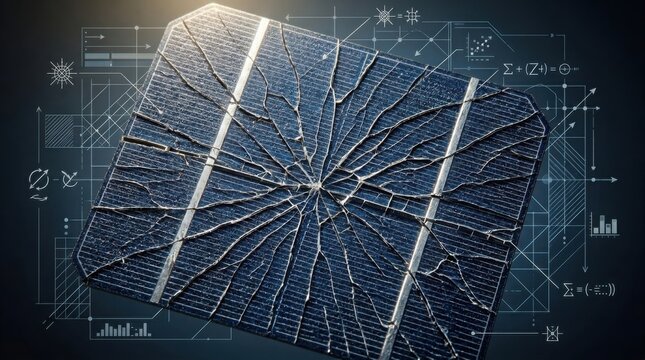 Detailed macro view of a damaged photovoltaic cell showing a pattern of micro-cracks radiating from an impact point, overlayed with scientific technical diagrams and data charts.