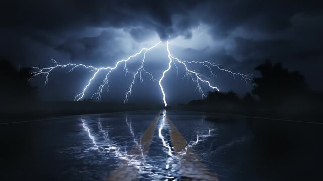 Stormy road with lightning representing the awe-inspiring power of nature