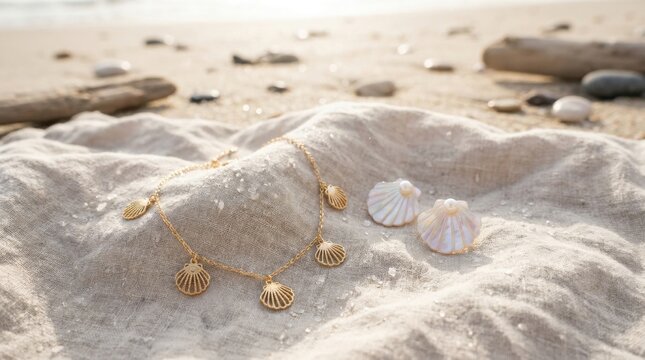 Delicate gold-tone anklet with multiple scallop shell charms and iridescent seashell stud earrings with pearls on a textured beige cloth over a sandy beach during soft sunlight.
