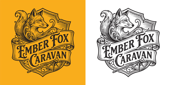 Vintage Ember Fox Caravan Crest Emblem with Decorative Ribbon and Compass Detail