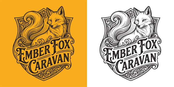 Ember Fox Caravan Shield Badge Mascot Logo with Intricate Floral and Scroll Patterns