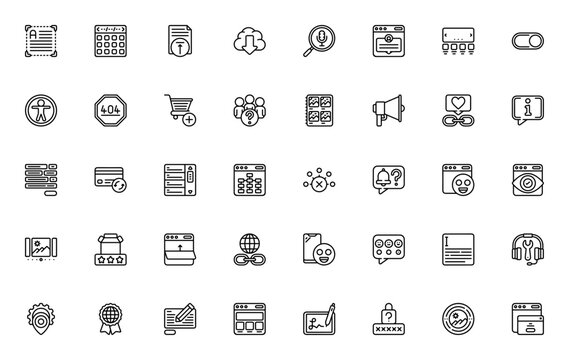 Website Elements icon set. Minimalist web design icons. Includes text box, calendar, file upload, cloud, magnifying glass, testimonial, header, and more. Editable vector stroke.