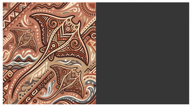 Intricate tribal pattern featuring stylized manta rays and ocean waves in earthy tones, showcasing cultural art.