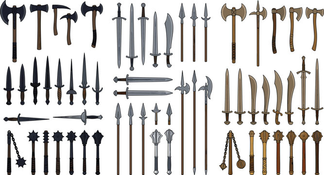 Medieval Fantasy Weapon Collection with Swords Axes Spears Maces and Ancient Battle Equipment Vector Illustration Set