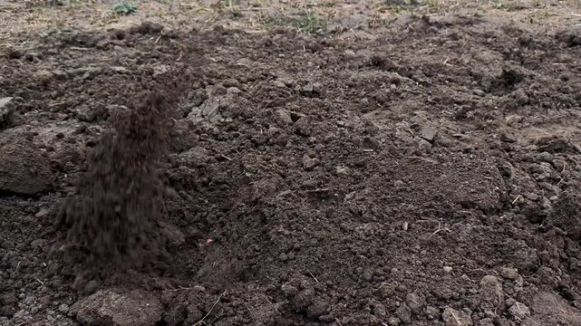 Farmer digging dry soil with a hoe tool in agricultural field