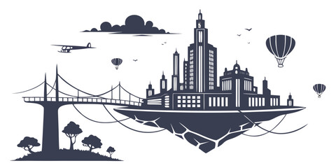 Advanced floating city skyline with suspension bridge hot air balloons airplane futuristic urban landscape infrastructure concept line art dream city science fiction futuristic © Mamun