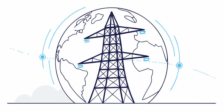 Global energy transmission network with pylon and planet earth outline illustration power tower power grid communication technology smart grid electricity transmission