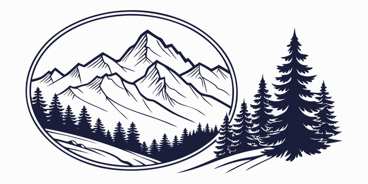 Detailed mountain landscape with pine trees in a circular frame and additional forest elements vector illustration national park pristine nature emblem design mountain