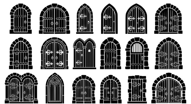 Medieval arched door silhouettes with iron bound wooden gate designs vector collection
