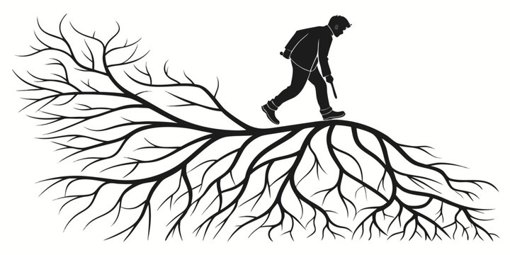 Conceptual silhouette of a person walking on a path formed by a complex network of tree roots or nervous system branches representing life's journey and connections with silhouette