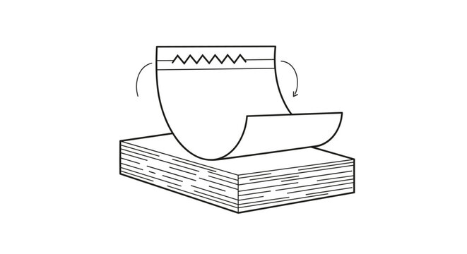 Simple black and white line drawing of a notepad with several pages and the top sheet partially peeled back to show movement.