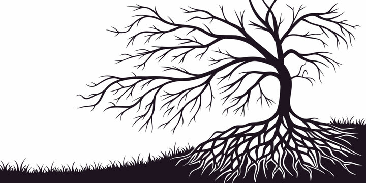 Detailed silhouette illustration of a bare winter tree with an intricate branch pattern and deep root system exposed on a grassy hillside background silhouette branches strength